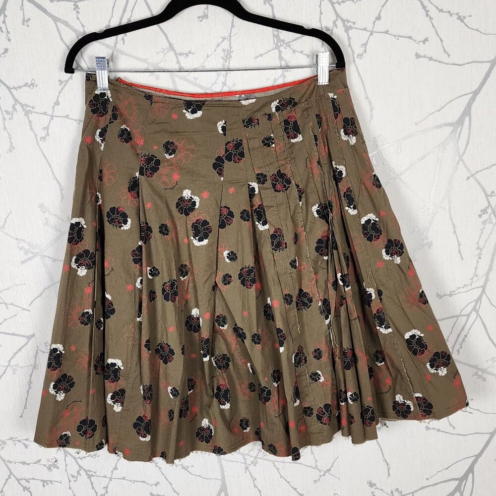 Skunkfunk Olive Green Floral Print Pleated Flowy Skirt Raw Hem Grunge
